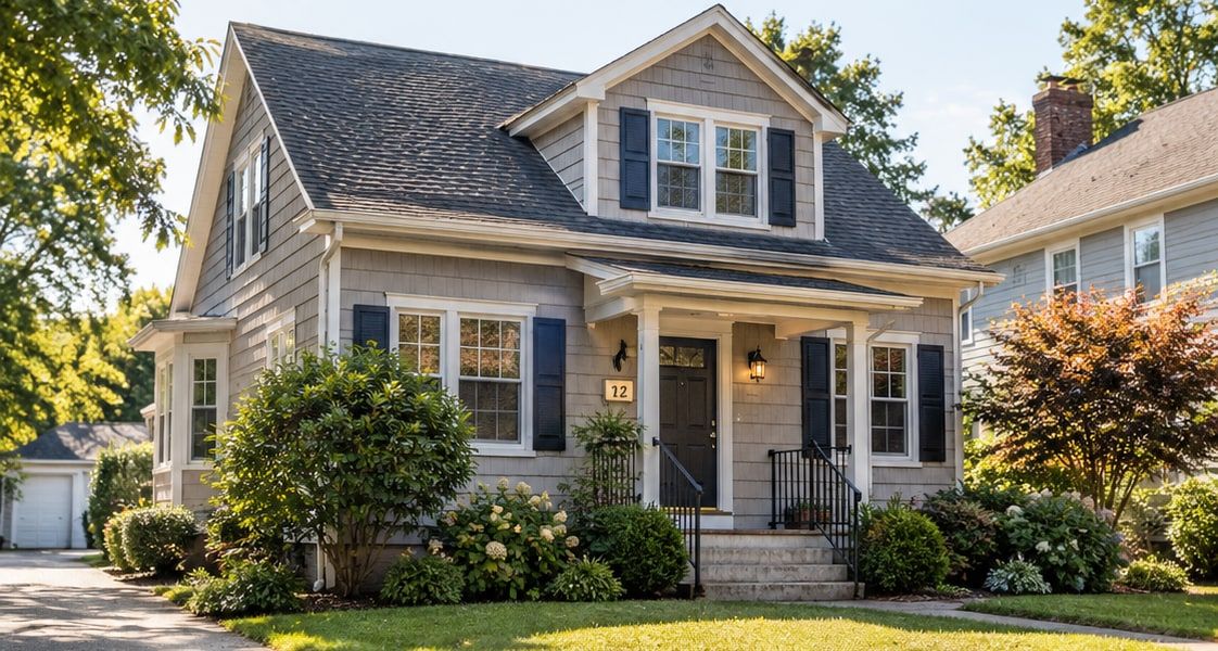 A gray Cape Cod house with a covered porch and a front garden